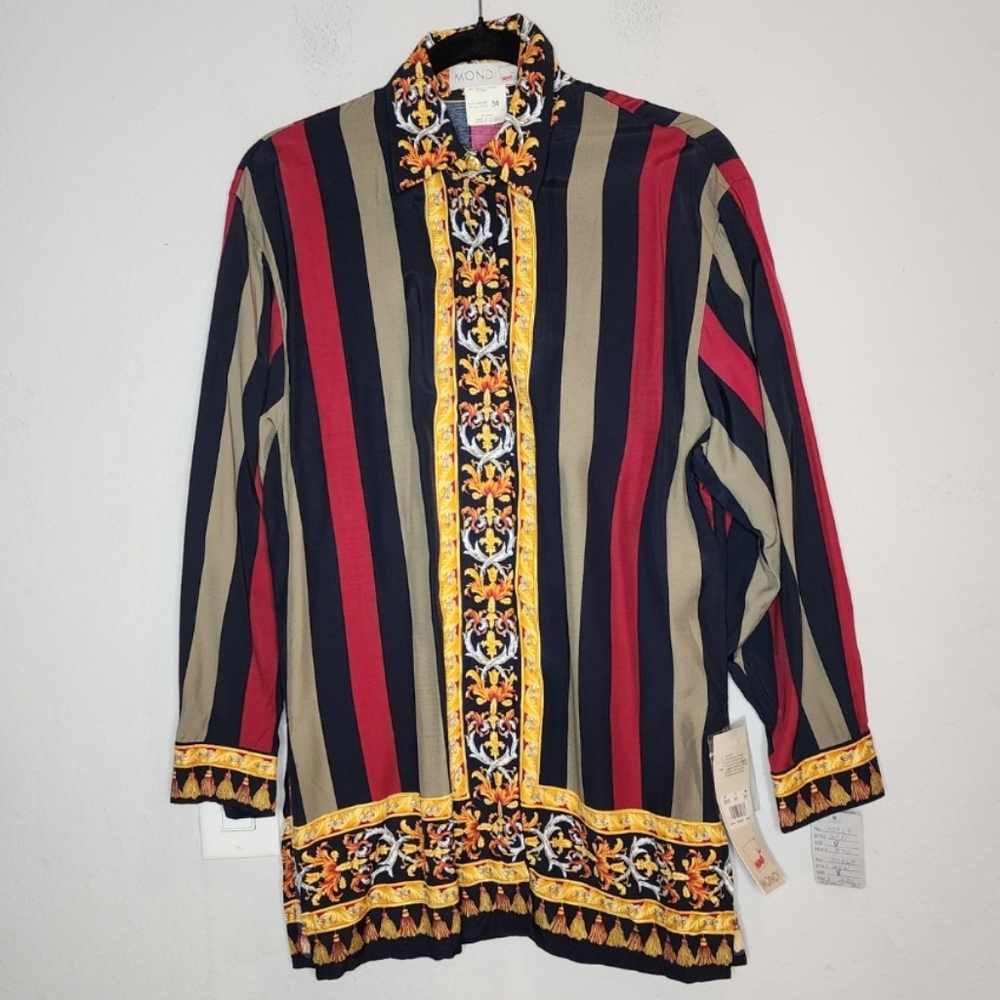 NWT MONDI Vintage Long Sleeve Button Shirt Rayon Viscose Stripe Size 34 S/M